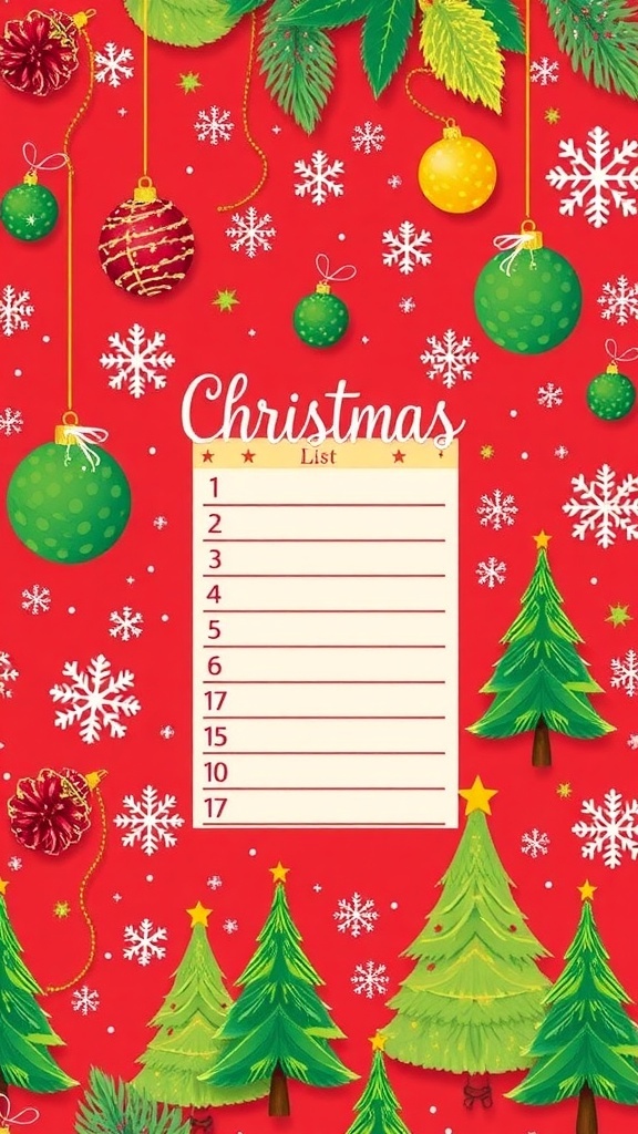 Festive Christmas wallpaper with ornaments, snowflakes, and trees in red and green.
